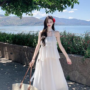 超仙荷叶边仙女裙 仙系吊带 白色蛋糕裙 夏季 宽松显瘦 半身裙套装