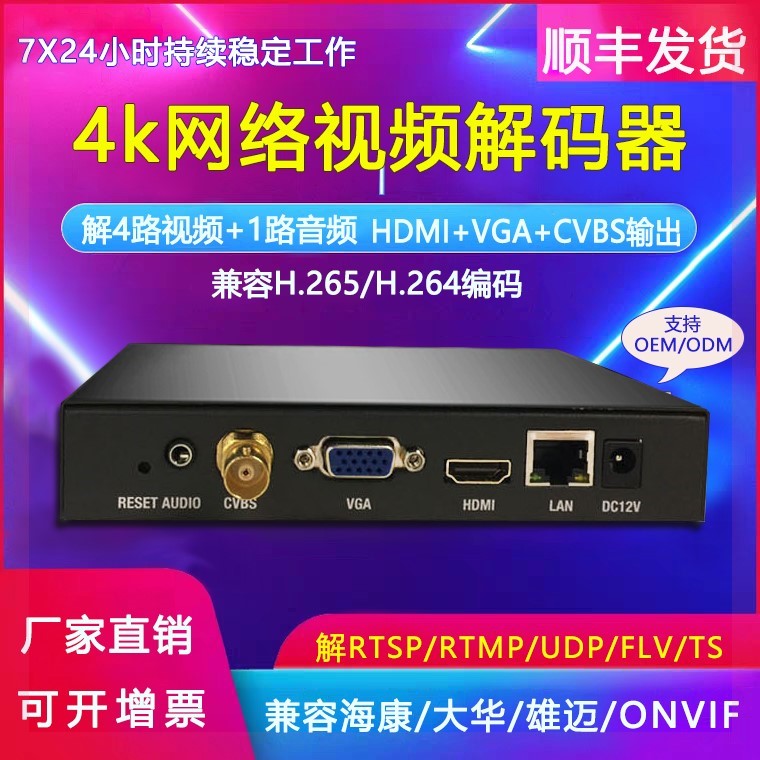 全新H265 4路网络音视频解码器hdmi vga cvbs 解4K监控 轮巡 onvi