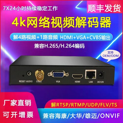 全新H265 4路网络音视频解码器hdmi vga cvbs 解4K监控 轮巡 onvi