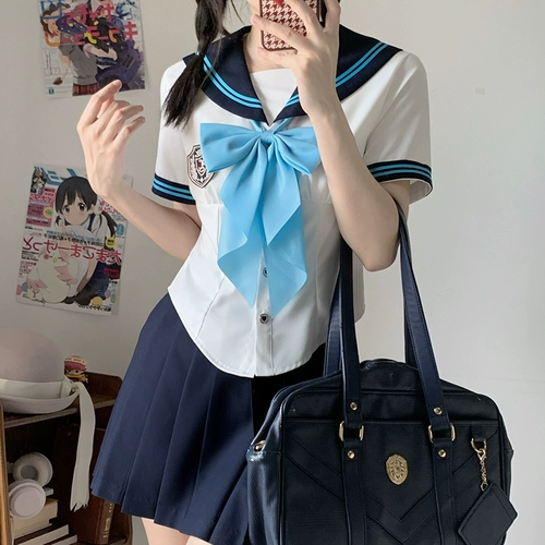 Синяя летняя японская школьная юбка для школьников, студенческая юбка в складку, милый комплект