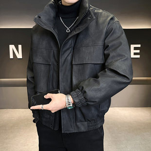 90鸭绒免洗工装皮衣羽绒服男款立领冬季加厚保暖美式宽松防风外套