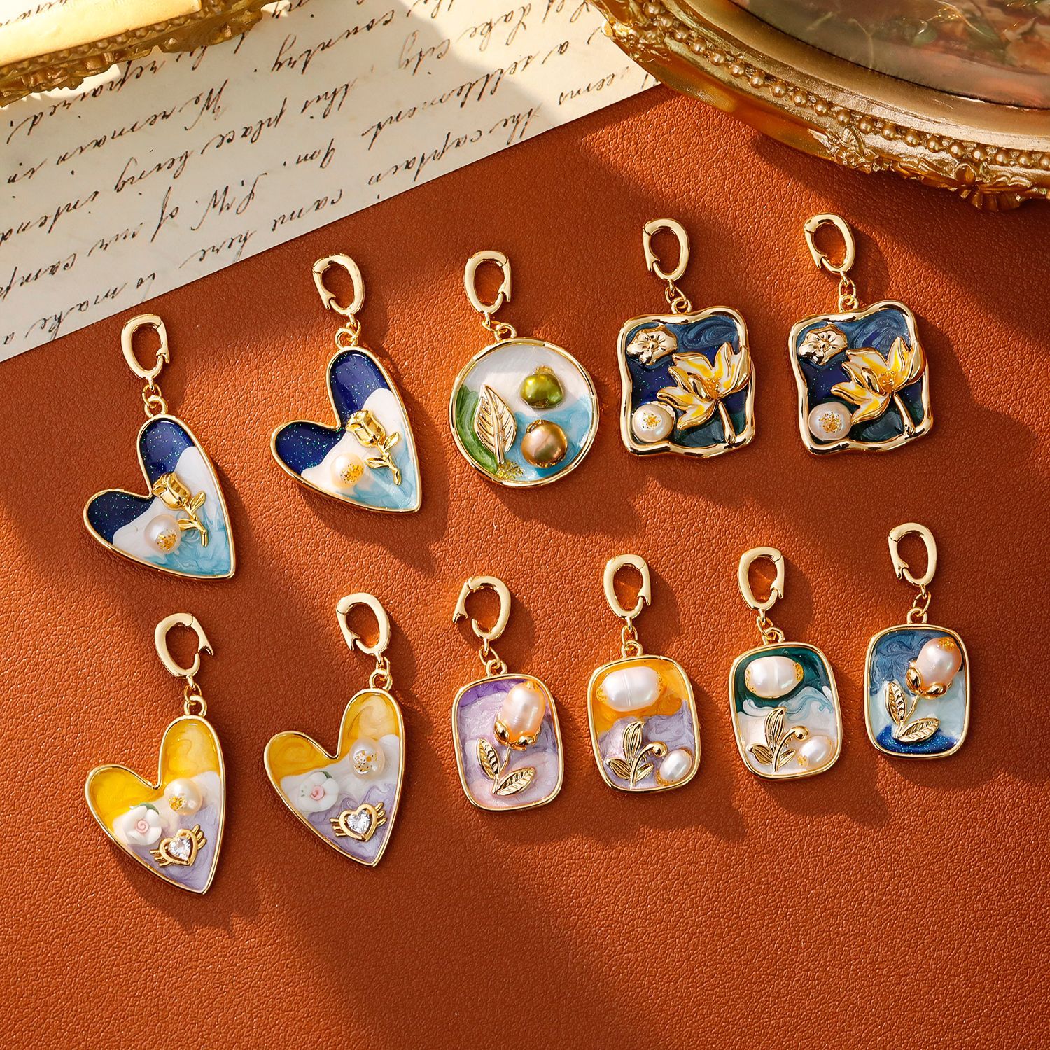 莫奈花园油画风扣锆石项链吊坠diy手工吊牌法式复古滴釉项链