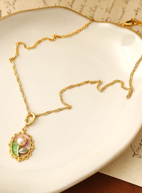 油画框巴洛克珍珠项链女轻奢小众设计感花朵吊坠新中式锁骨链