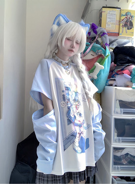 叁毒原创电击小猫y2k水色二次元短袖亚文化上衣少女萌软妹长袖t恤