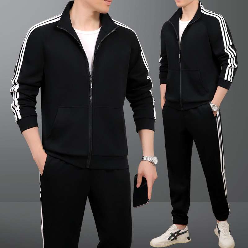 春秋款新品男士三条杠条纹开衫显瘦两件套大码跑步休闲运动服套装
