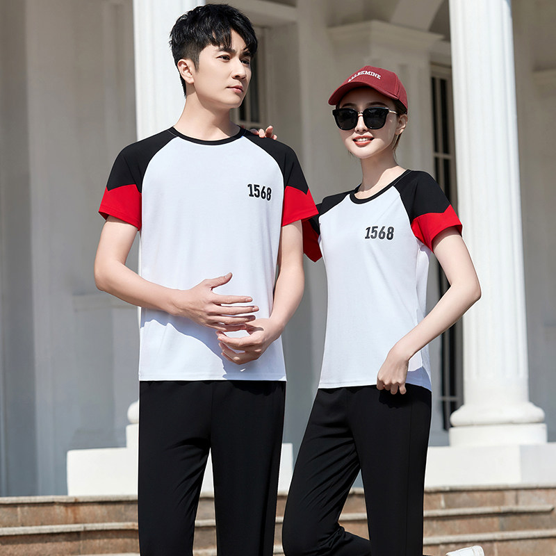 2026夏季新款青年男士圆领拼色短袖长裤团体情侣款跑步运动服套装