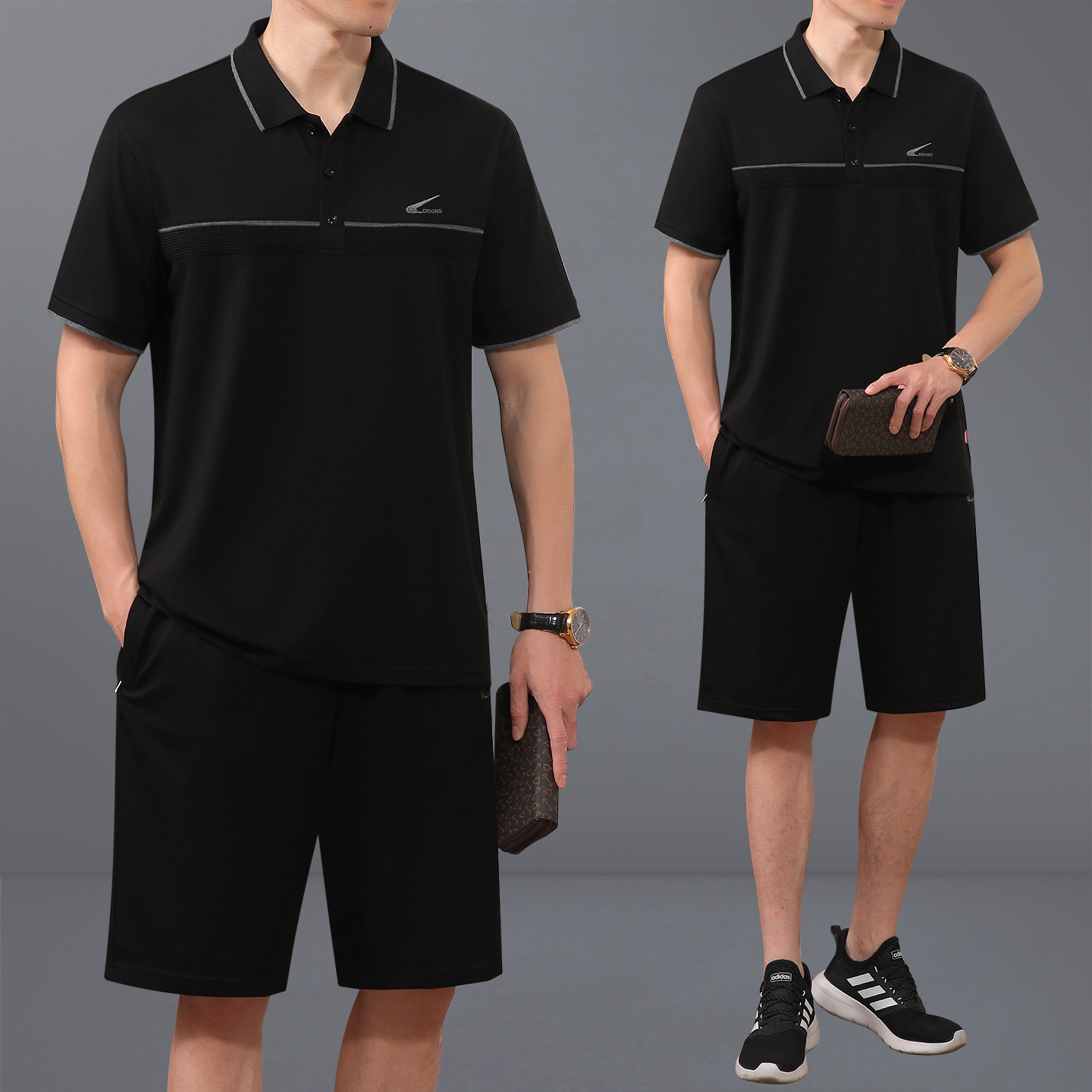 夏季新款中老年男士父亲装棉质短袖翻领体恤短裤跑步运动服套装男