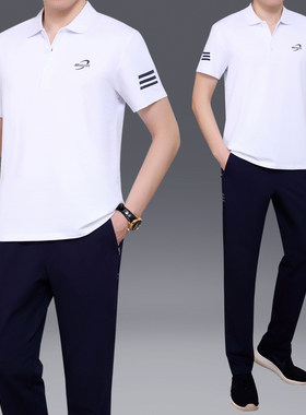 中年短袖夏季男士棉质运动服套装