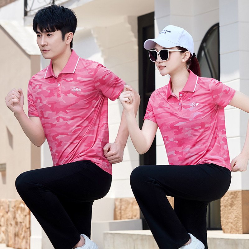 夏季新品男女士翻领冰丝短袖长裤团体情侣户外跑步休闲运动服套装