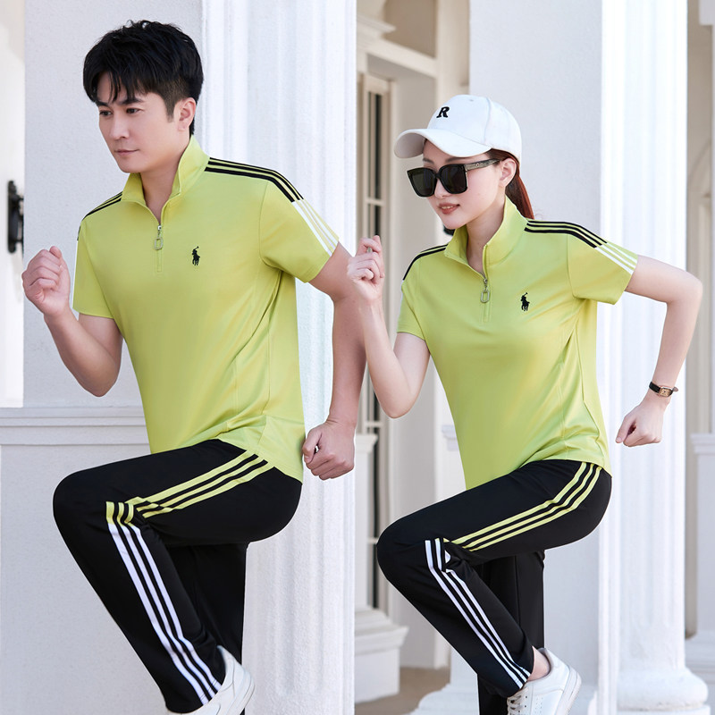 2026夏季新品男士短袖条纹立领长裤团体情侣款跑步运动服休闲套装