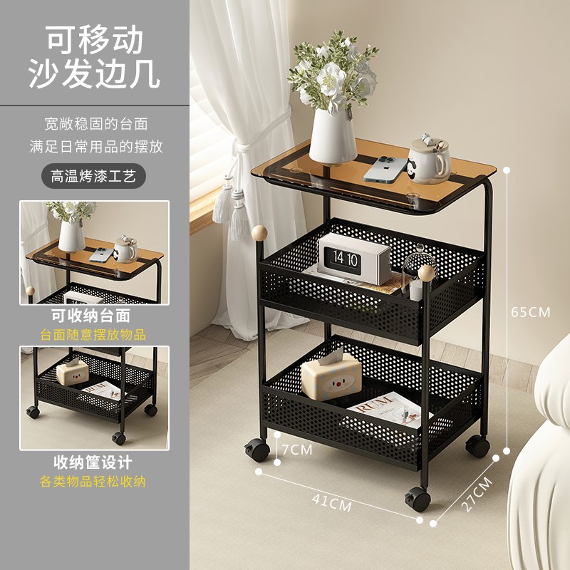 奶油风客厅沙发边几简约小茶几网红小推车收纳架铁艺床头柜置物架