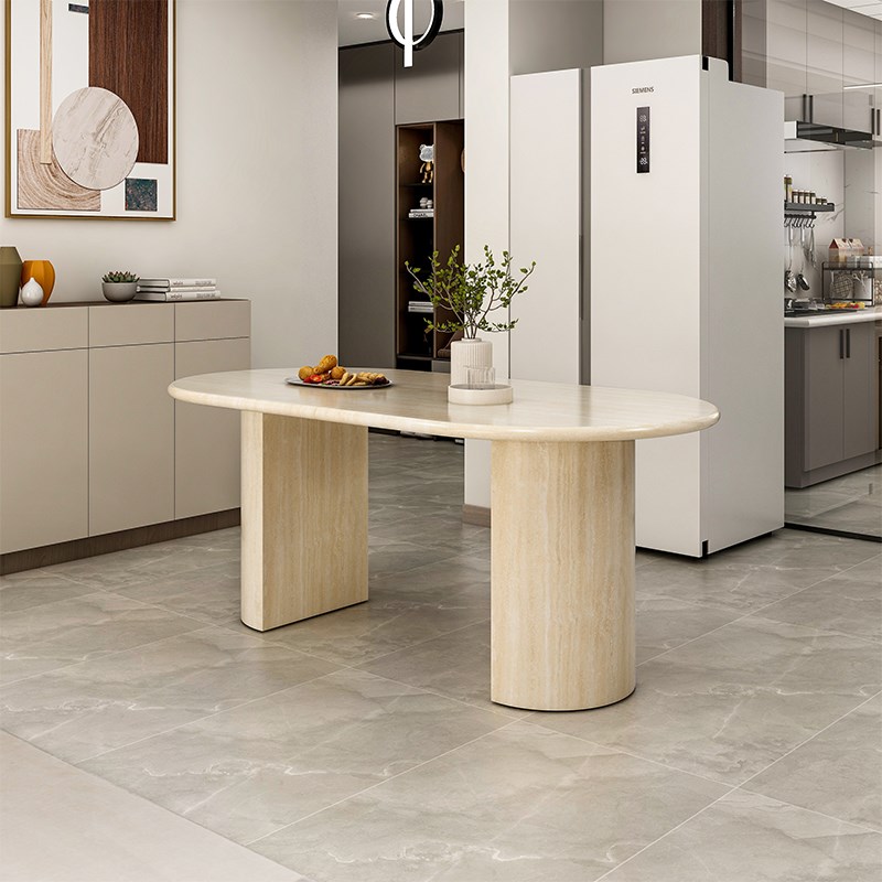 洞石餐桌天然大理石家用法式椭圆形现代简约网红小户型复古餐厅