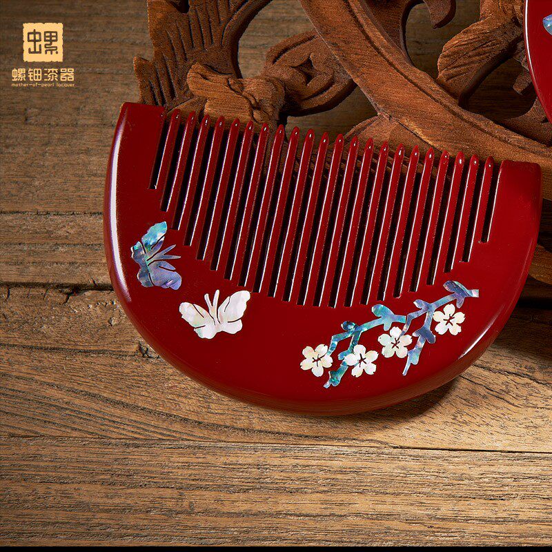 螺钿漆器木质手柄镜贝雕木质化妆镜梳子便携镜子生日情人节礼物女