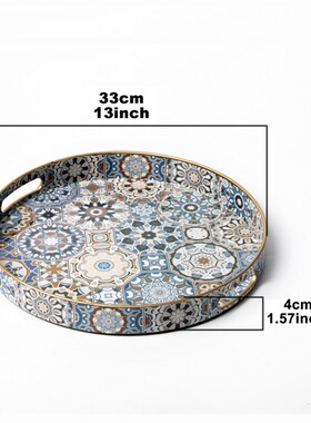 装饰托盘轻奢圆形茶几咖啡桌收纳摆件桌面点心盘果盘带把手置物盘