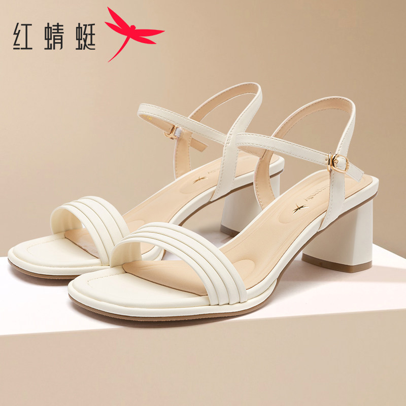 红蜻蜓女鞋夏季一字带高跟鞋时尚简约百搭仙女风配裙子粗跟女凉鞋