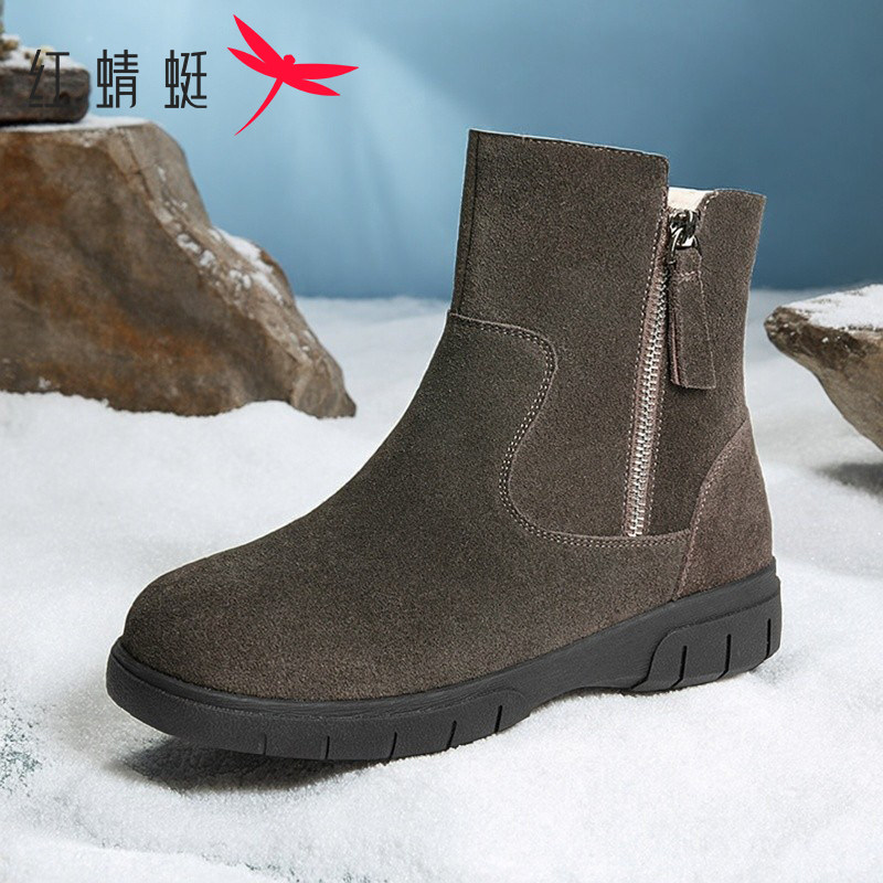 红蜻蜓女鞋冬季中年妈妈短筒雪地靴加绒加厚保暖棉靴百搭休闲短靴