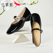 扣带粗跟百搭黑色复古浅口单鞋 红蜻蜓女鞋 玛丽珍鞋 一字式 春季 法式