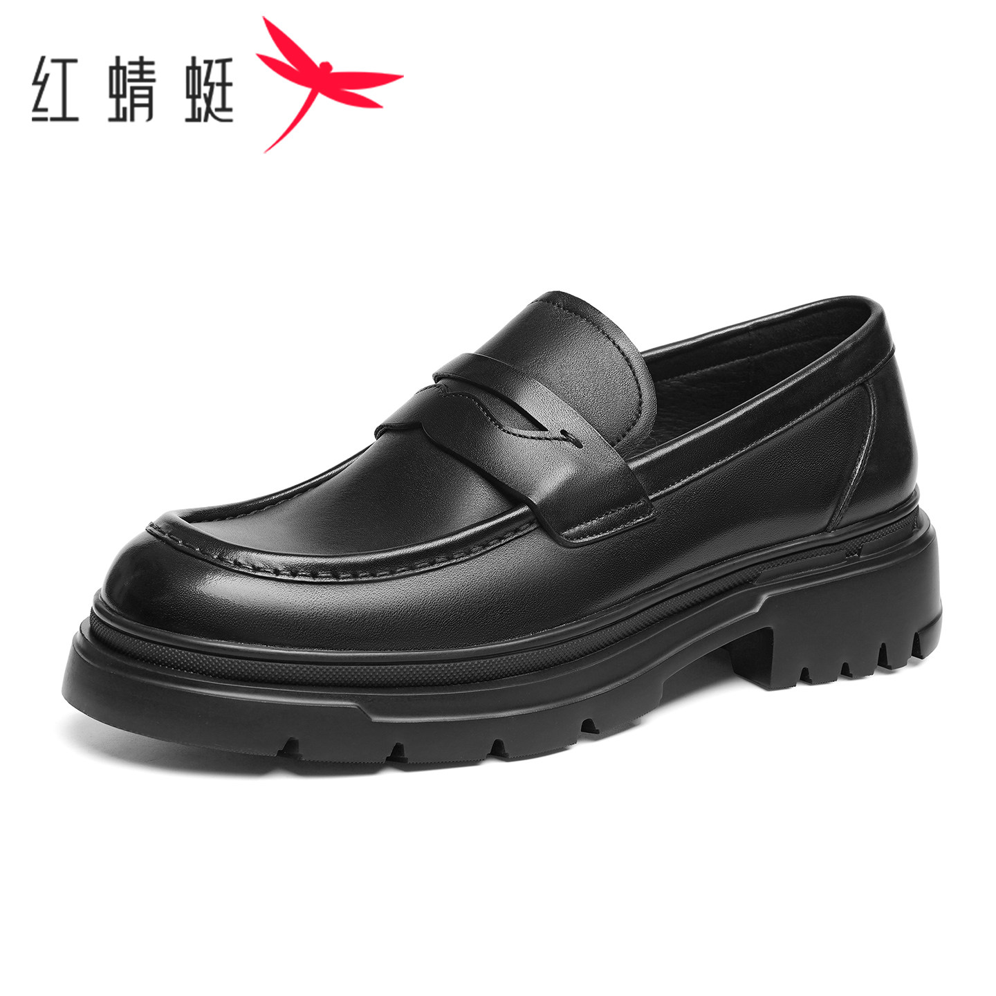 红蜻蜓皮鞋男款春季真皮商务休闲鞋男士黑色厚底增高一脚蹬乐福鞋
