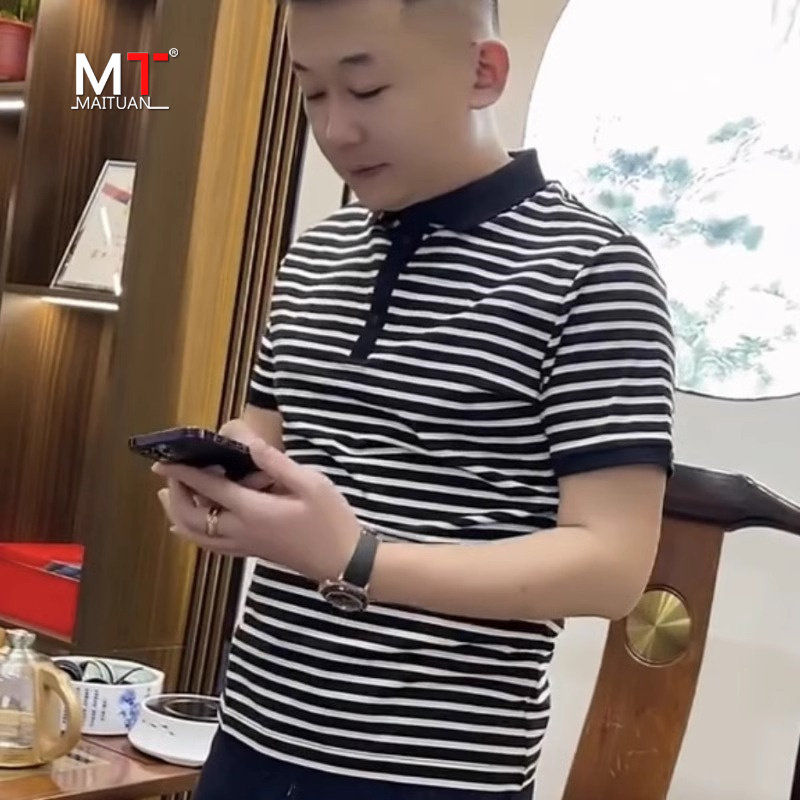 高端条纹polo衫男士短袖t恤2025新款潮流百搭商务休闲上衣服男款