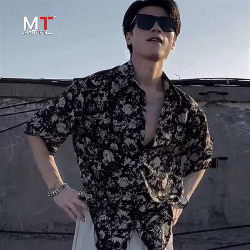 潮牌花衬衫男士短袖夏季冰丝高级感痞帅垂坠感轻熟风男装衬衣男款