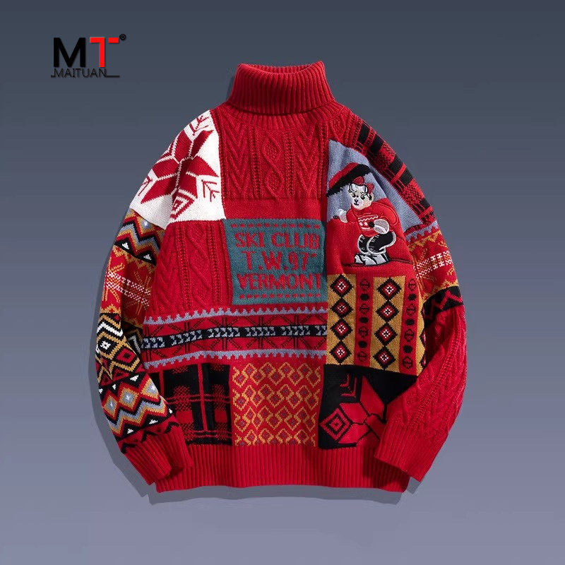 高端圣诞高领红色毛衣男士春秋季2025新款加绒加厚保暖针织衫男款