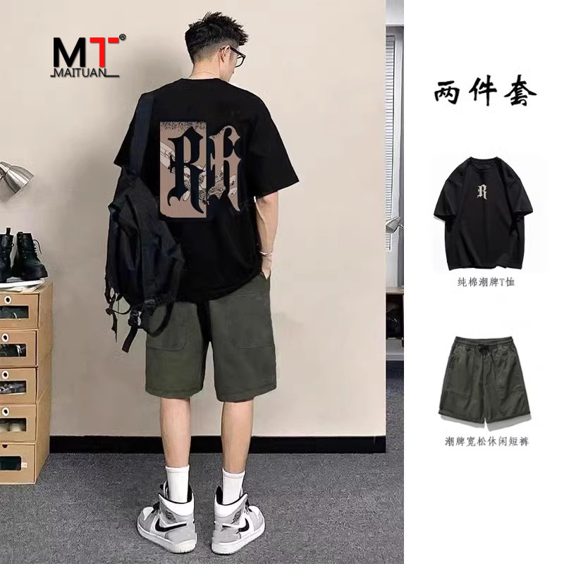 高端休闲套装男士夏季2024新款潮牌痞帅短袖T恤搭配短裤男装一套