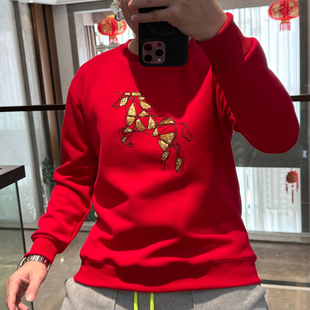 本命马年红色圆领卫衣男士2026新款秋冬季加绒加厚新年打底衫男款