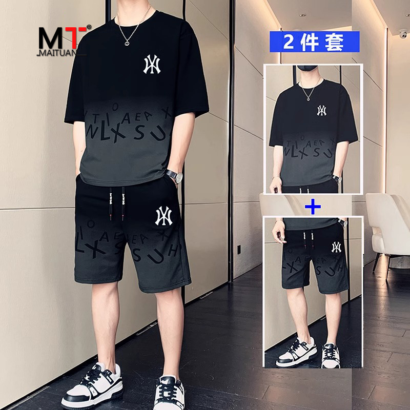 高端休闲套装男士夏季运动短袖t恤短裤2024新款大码痞帅男装一套