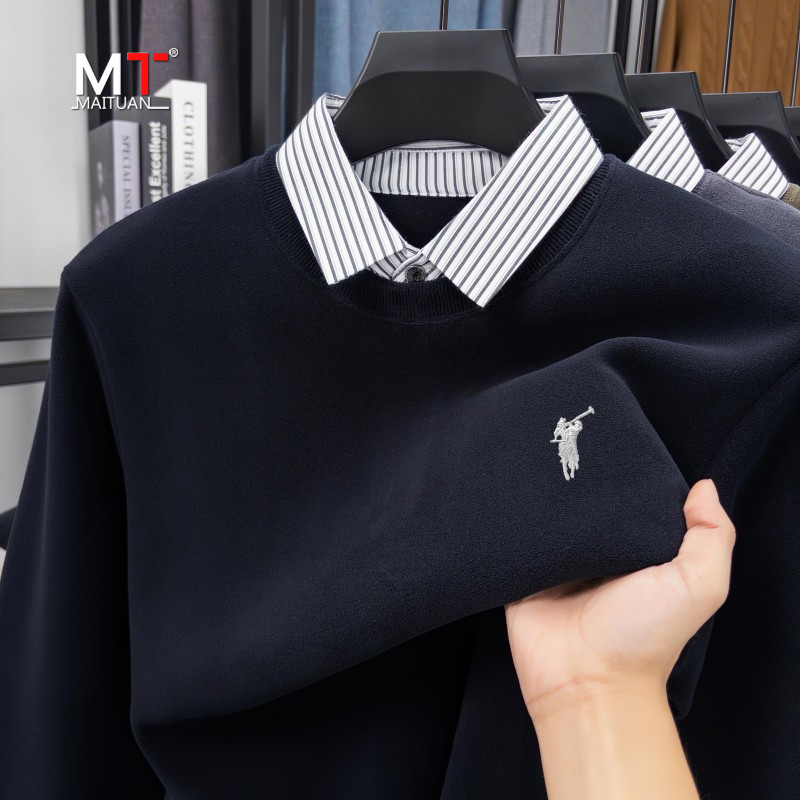 高端衬衫领男卫衣2025新款冬季假两件加绒加厚商务休闲打底衫男款