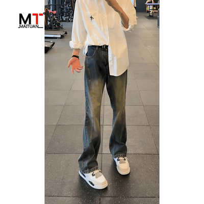 高端复古直筒牛仔裤男士2025新款夏季薄男裤微喇弯刀休闲裤子男款