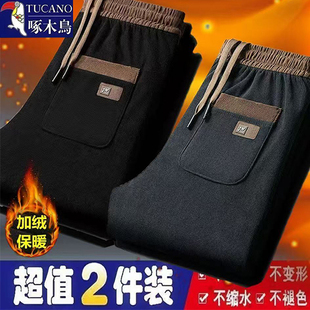 啄木鸟灯芯绒男士松紧腰休闲长裤加绒加厚秋冬保暖耐磨外穿直筒裤