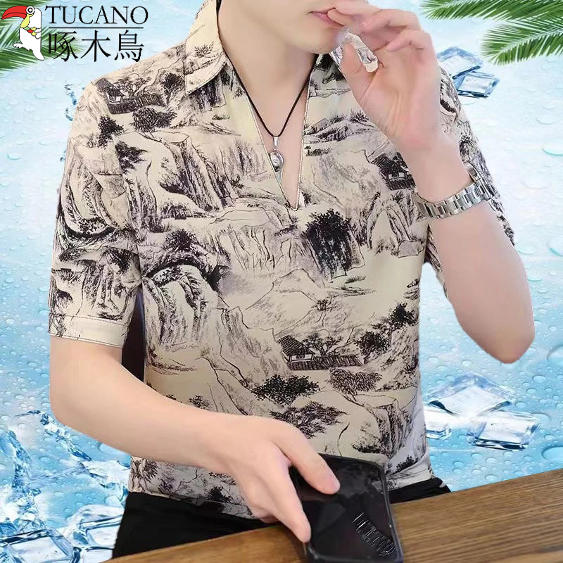 啄木鸟夏季休闲冰丝薄款V领POLO衫男士韩版潮流帅气百搭短袖上衣