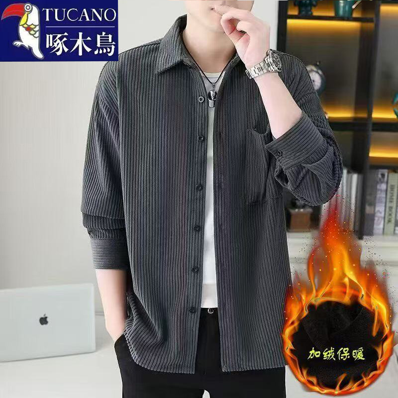 啄木鸟2025秋冬帅气百搭灯芯绒衬衫男士加绒加厚翻领宽松大码上衣
