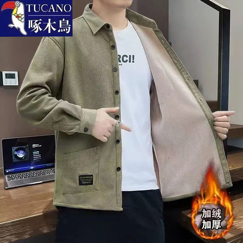 啄木鸟秋冬季时尚潮流保暖衬衫男士加绒加厚宽松百搭大码外套上衣