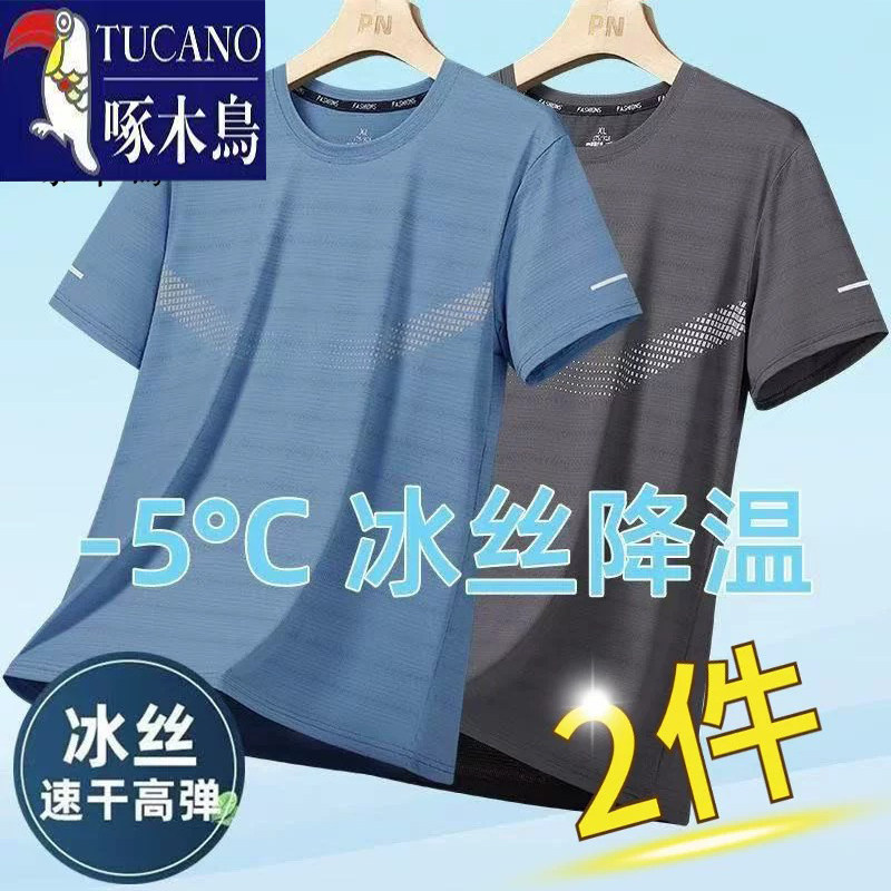 啄木鸟男士夏季潮流宽松大码T恤衫速干透气冰丝网眼运动短袖上衣