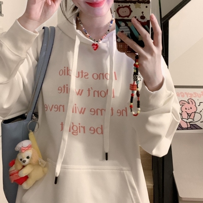 新纯棉华棉复合薄款320克/加绒420克布面+手感印花宽松连帽卫衣女