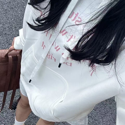 新纯棉华棉复合薄款320克/加绒420克布面+手感印花宽松连帽卫衣女