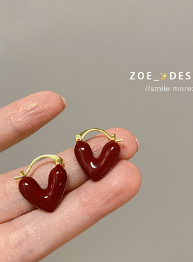 温柔气质爱心滴釉耳环复古红色港风耳钉女小众设计独特耳扣耳饰品