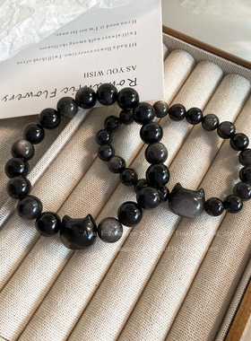 黑曜石手链女银曜石猫咪送女友朋友情人节礼物夏情侣手串闺蜜手饰