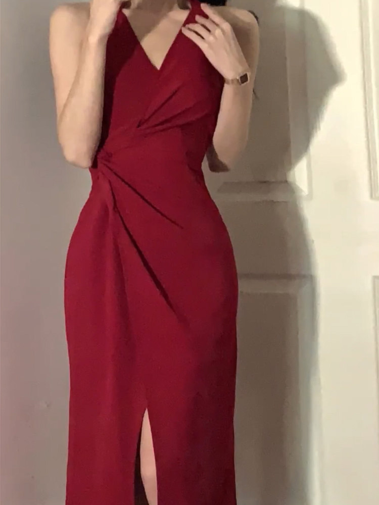 약혼 신부 드레스 생일 파티 토스트 드레스 성인식 여성용 레드 홀터넥 서스펜더 드레스
