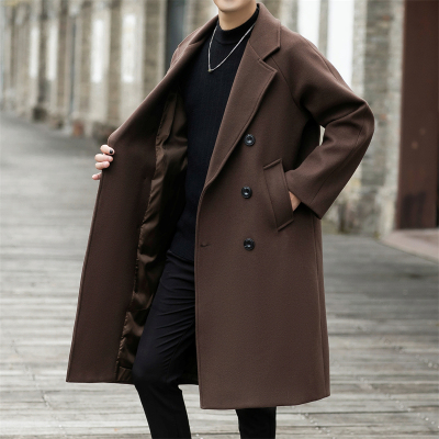 双排扣风衣外套男士美拉德咖啡色西装领加厚毛呢大衣秋冬季1022r
