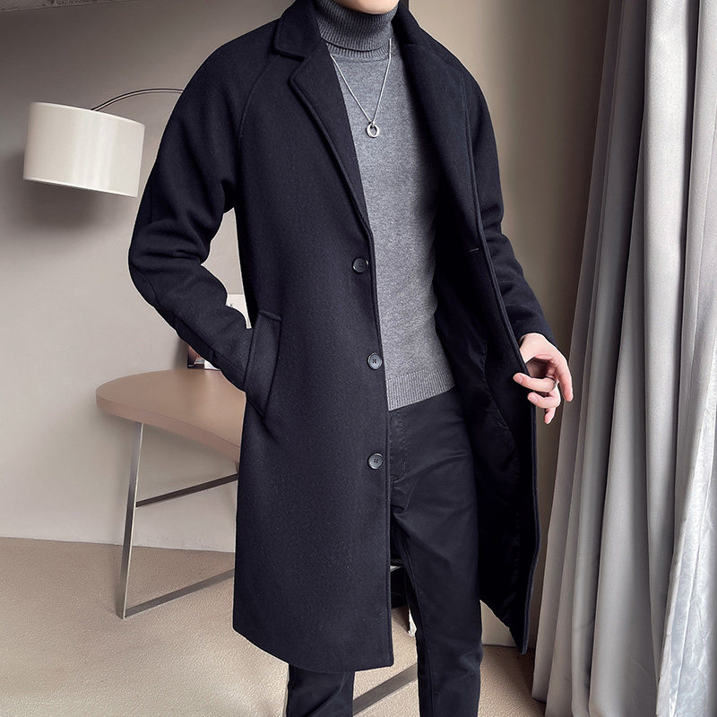 TWEED TRENCH COAT MENS MID-LENGTH AUTUMN AND WINTER SOLID COLOR VERSATILE PADDED COAT TREND LOOSE AND LONG WOOLEN COAT