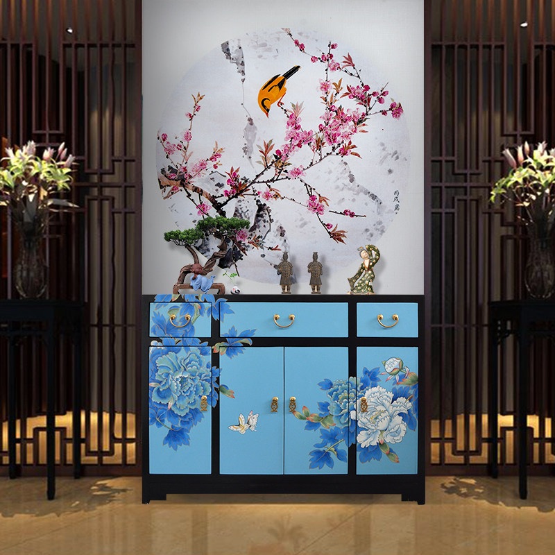 设计师新中式玄关柜彩绘餐边柜牡丹花装饰柜三斗四门客厅入户鞋柜