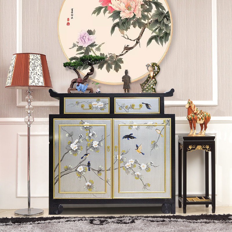 新中式玄关柜靠墙彩绘餐边柜入户正对门柜过道柜中国风高端翘头柜