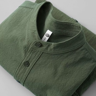 显白有气质！灰绿色国风提花纹理纯棉亨利领短袖衬衫外套女男夏季