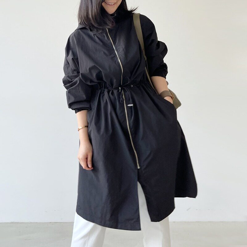 连帽风衣女中长款过膝长袖春秋宽松显瘦时尚韩版休闲女士收腰外套