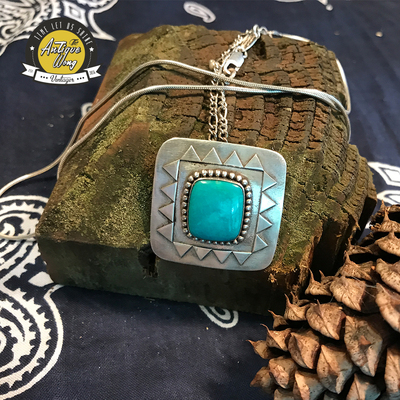 美国纯银绿松石方形古着配饰项链