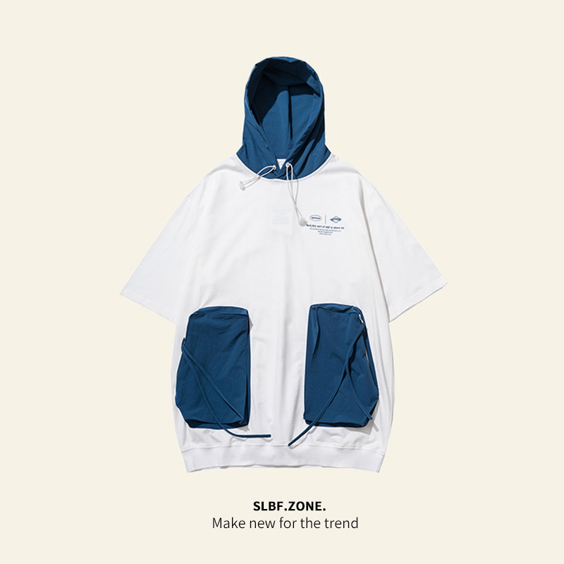 SLBF拼色大口袋连帽半袖卫衣学生韩版ins潮流帅气情侣短袖T恤衫女|msdalam kategori Pakaian Lelaki, baju-T - dari Buy2taobao.com untuk memberikan perkhidmatan ejen Taobao profesional membeli