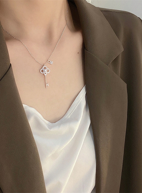 韩国东大门饰品玫瑰金色闪钻满钻钥匙锁吊坠项链女韩版气质锁骨链