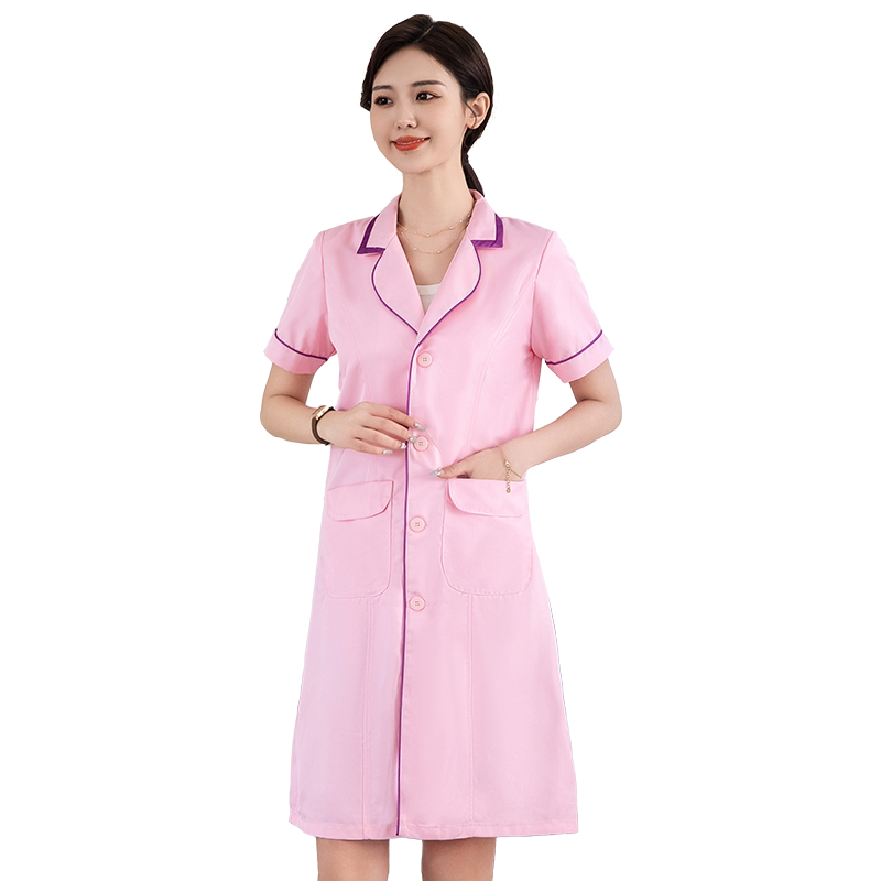 美容师工作服女粉色中袖修身显瘦